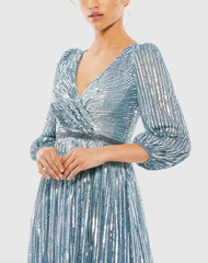 Blue Sequined Wrap Over 3/4 Sleeve Gown