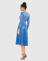 Blue Long Sleeve Tea Length Dress