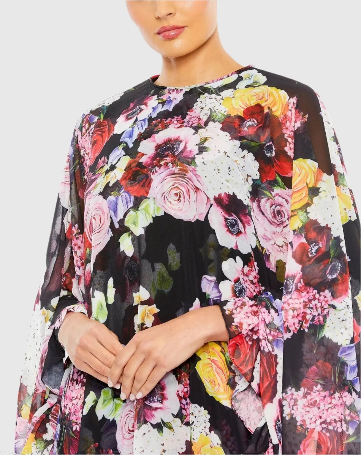 Black Multicolor Floral Print High Neck Ruffle Hem Cape Mini Dress