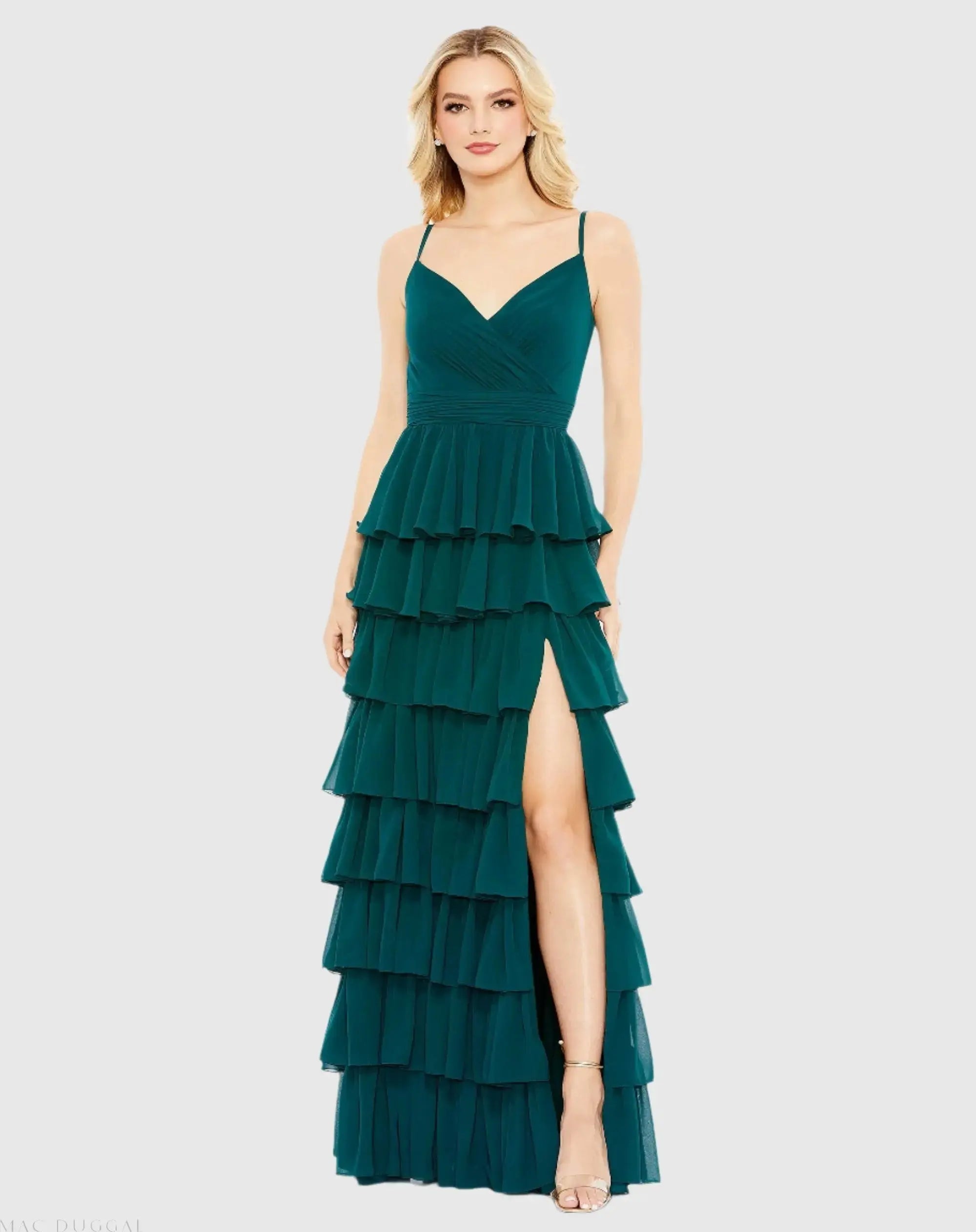 V-Neck Sleeveless Gown with Ruffled Skirt