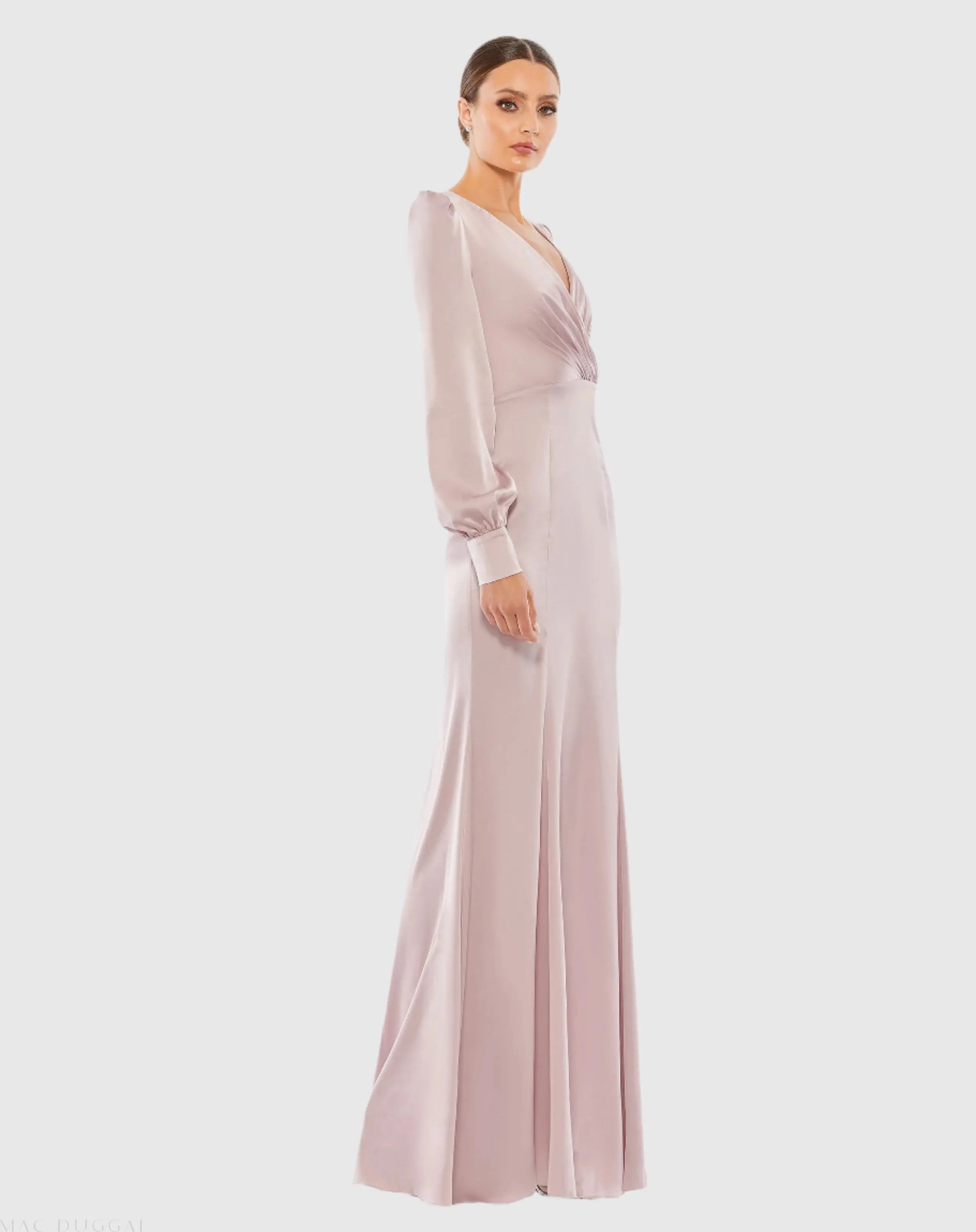 Pink Satin Ruched Bishop Sleeve Gown