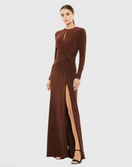 Brown Long Sleeve Keyhole Draped Gown