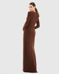 Brown Long Sleeve Keyhole Draped Gown