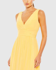Yellow Chiffon Sleeveless Wrap Over A Line Gown