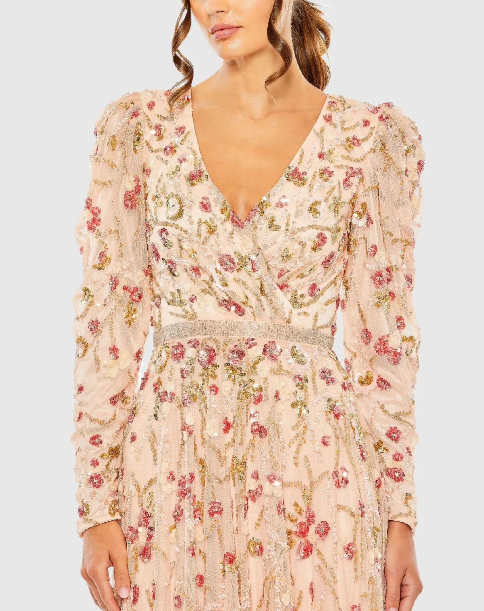 Pink Floral Embellished Wrap Over Puff Sleeve A Line Gown