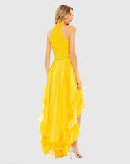 Yellow Ruffle Tiered High Low Pleated Halter Neck Gown