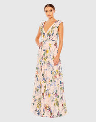 Multicolor Pleated Floral Cap Sleeve A Line Gown