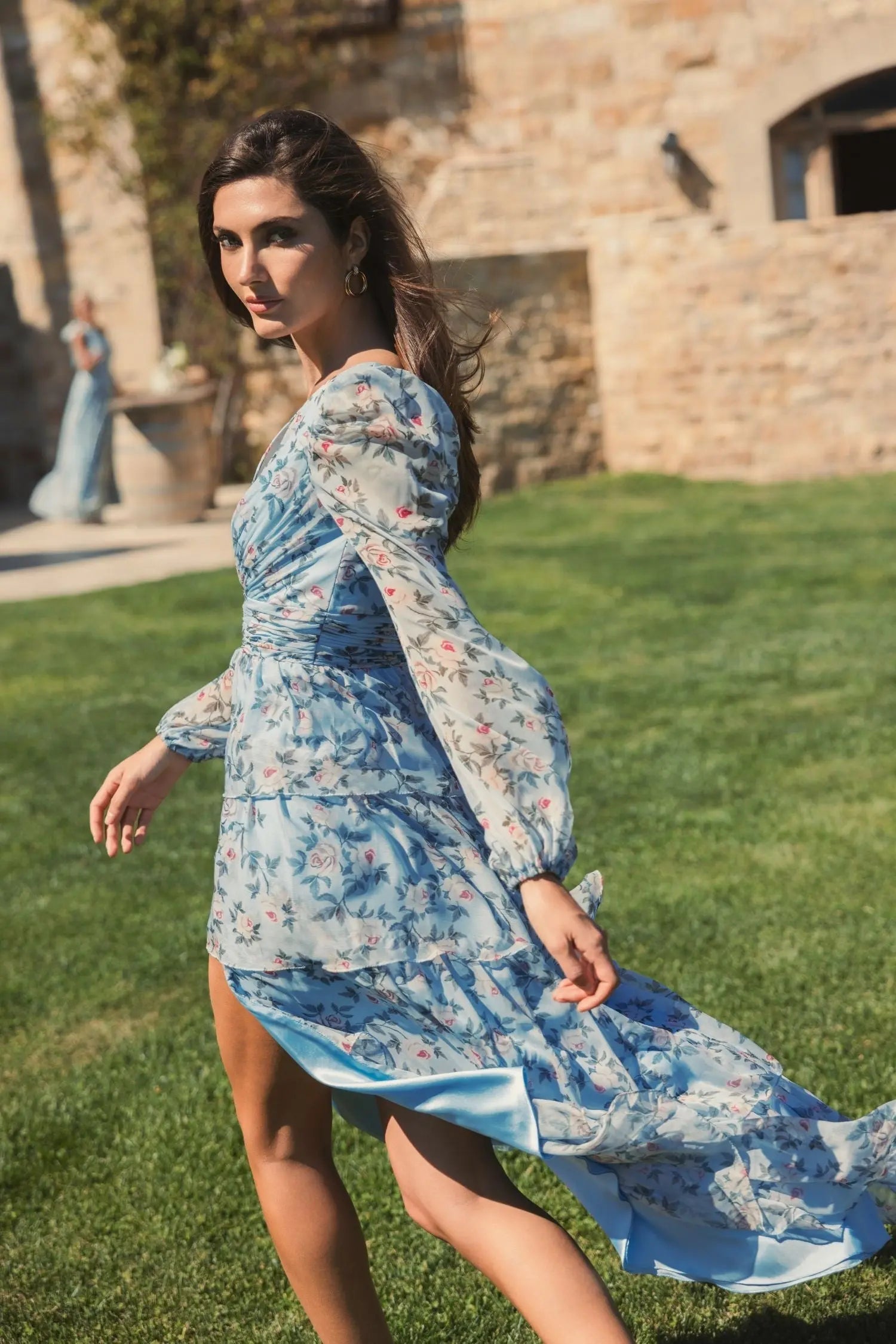 Blue Puff Sleeve Floral Printed Dress