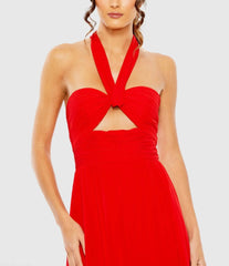 Red Ruched Halter Strap Keyhole Chiffon Gown