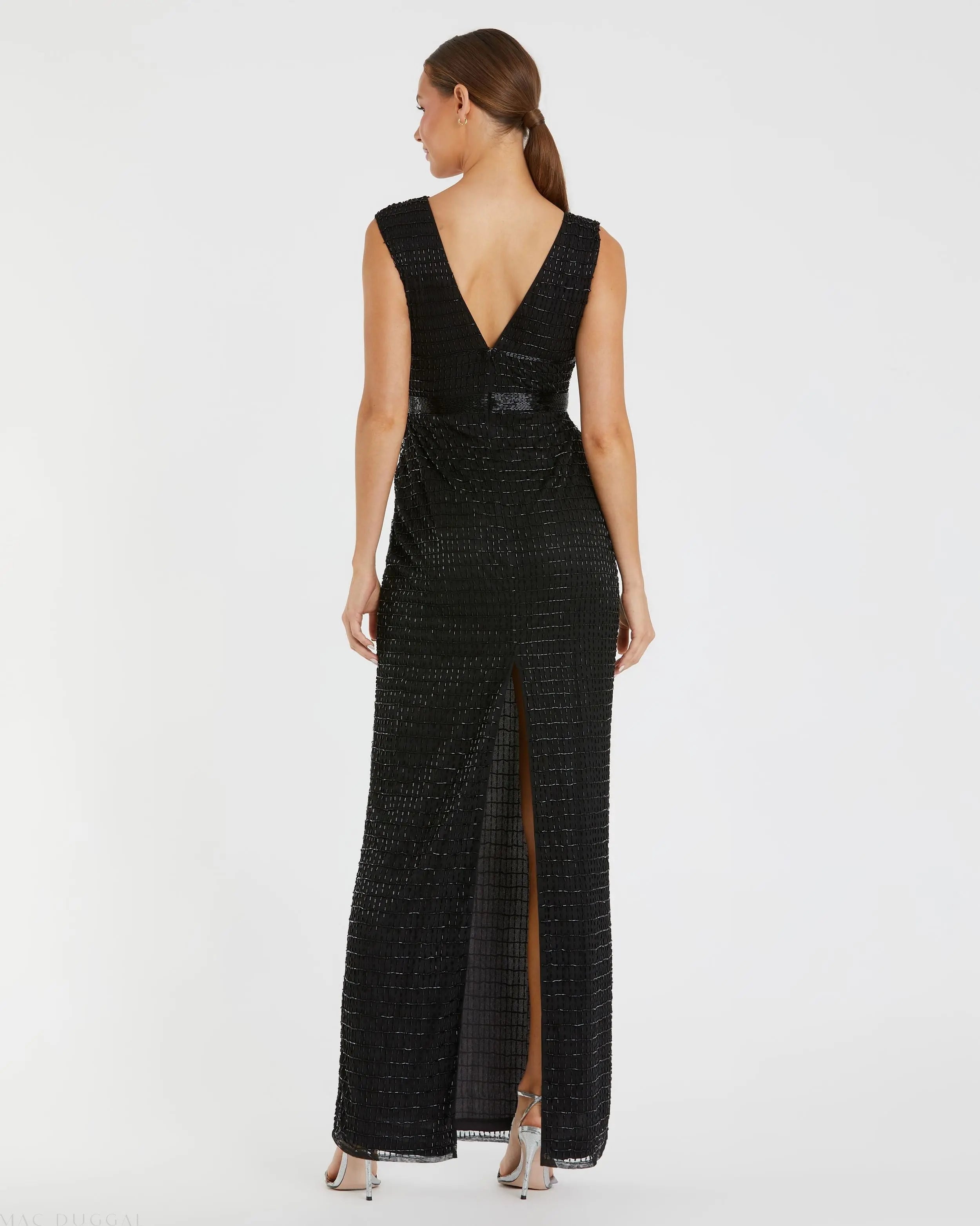 Black Beaded Cap Sleeve V Neck Column Gown