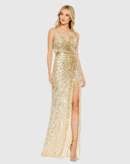 Sequined Faux Wrap Sleeveless Gown
