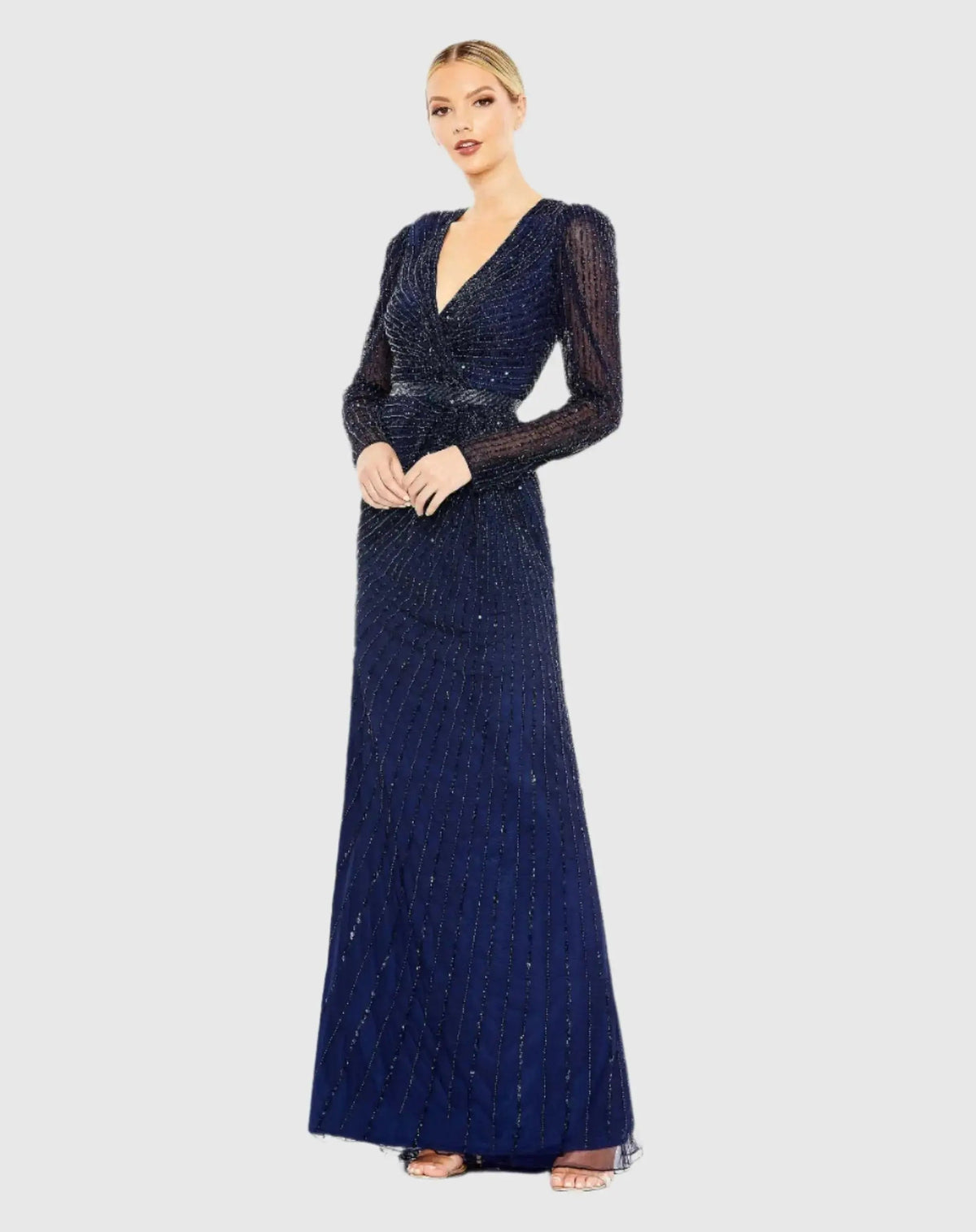 Navy Sequined Wrap Over Long Sleeve Gown