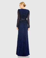 Navy Sequined Wrap Over Long Sleeve Gown