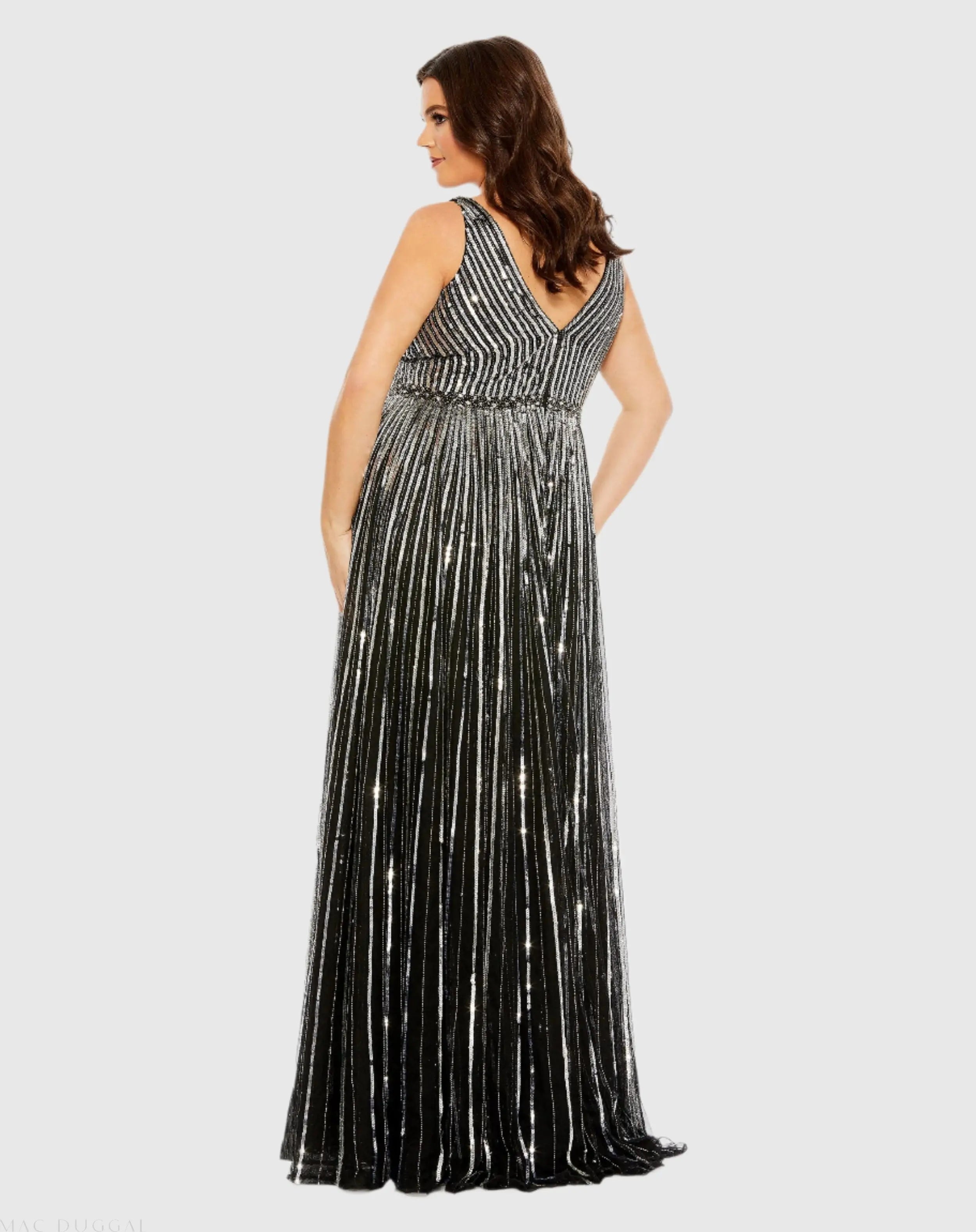 Black and Silver Sequined Striped Sleeveless V Neck A Line Gown (Plus)