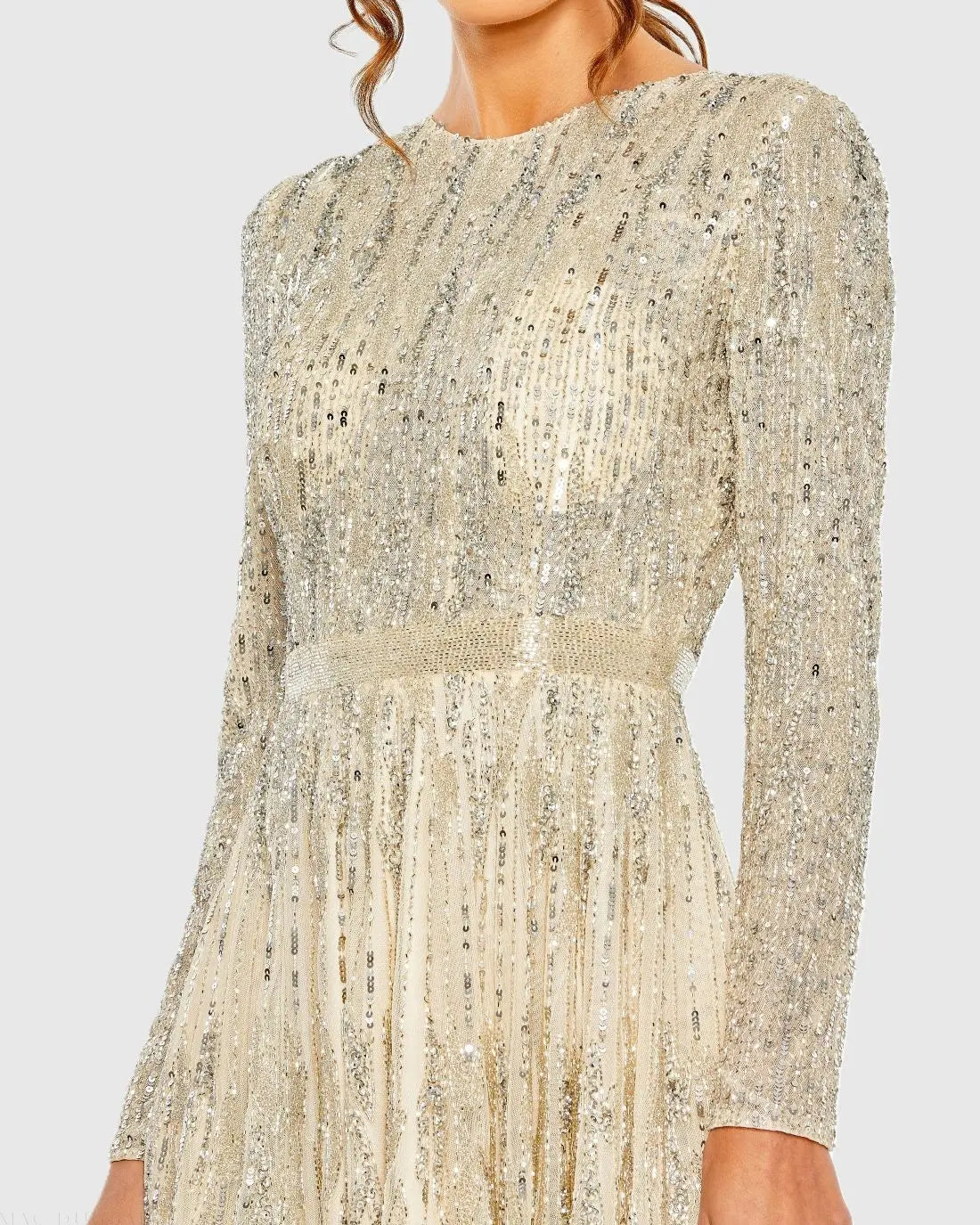 Beige High Neck Long Sleeve A Line Mini Dress