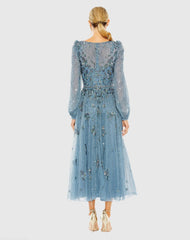 Blue Floral Embellished High Neck Puff Long Sleeve A Line Midi Dress