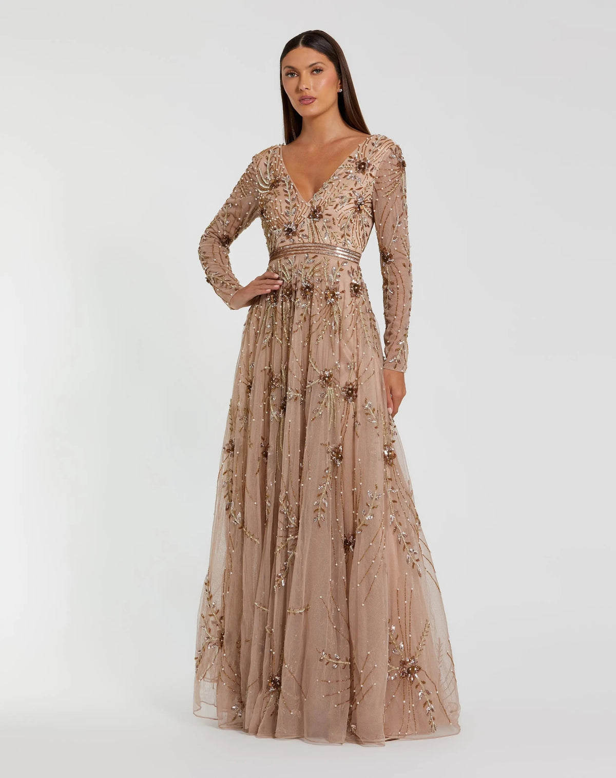 Beige Embellished Sheer Sleeve A-Line Gown