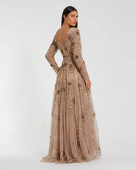 Beige Embellished Sheer Sleeve A-Line Gown