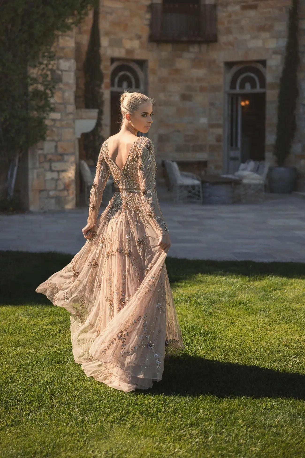 Beige Embellished Sheer Sleeve A-Line Gown