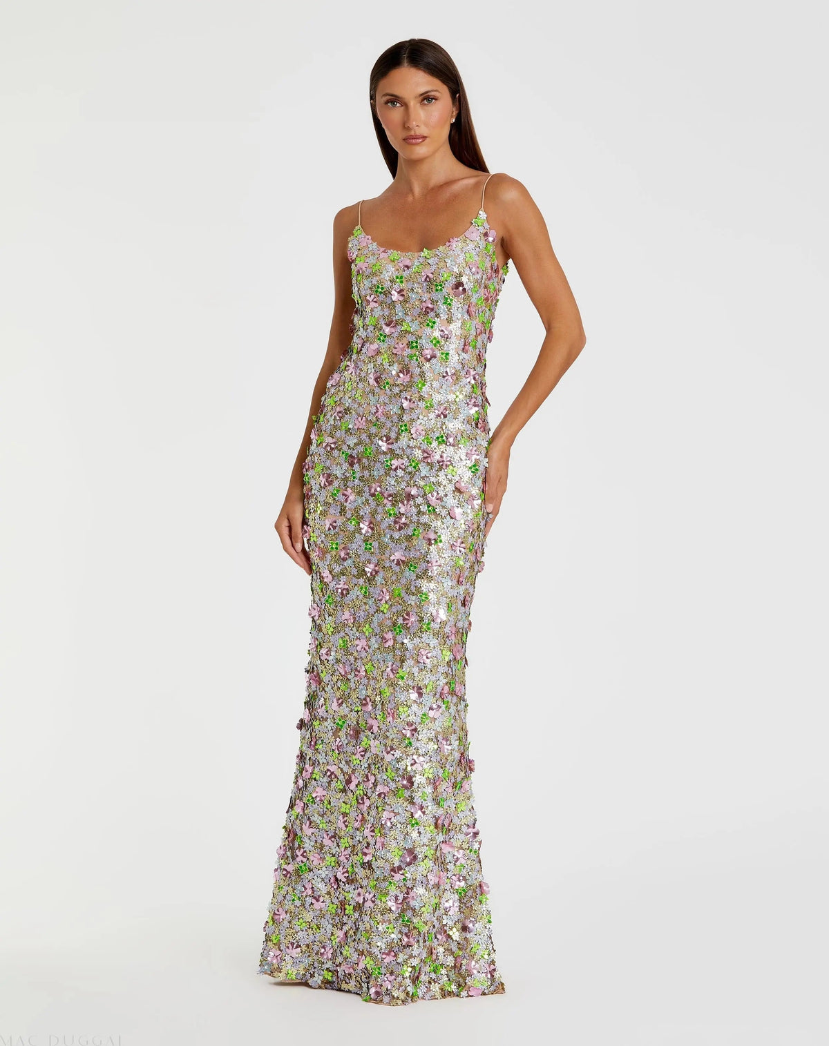 Multicolor Sleeveless Floral Paillette Embellished Mesh Gown