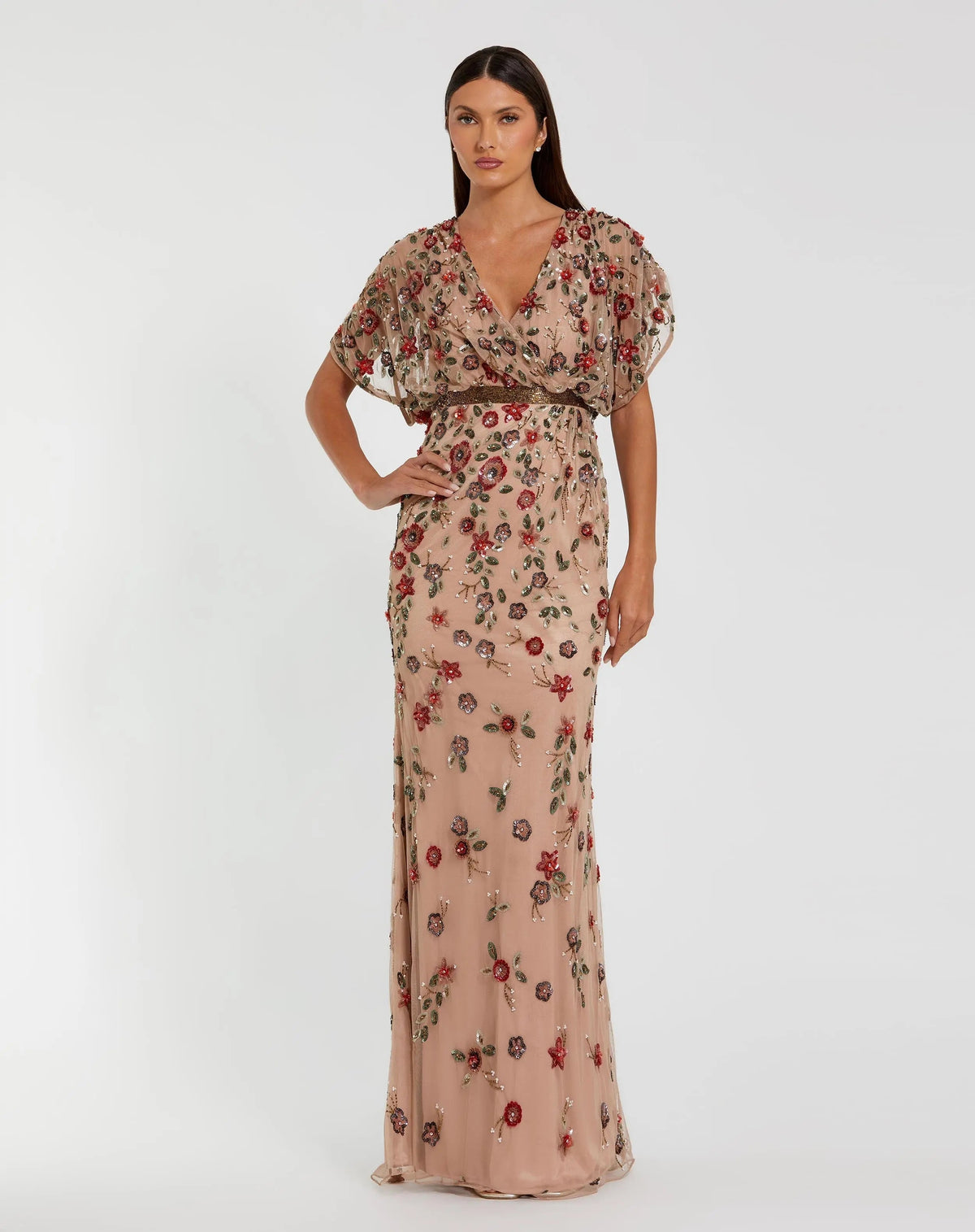 Beige Floral Embellished Short Sleeve Blouson Gown