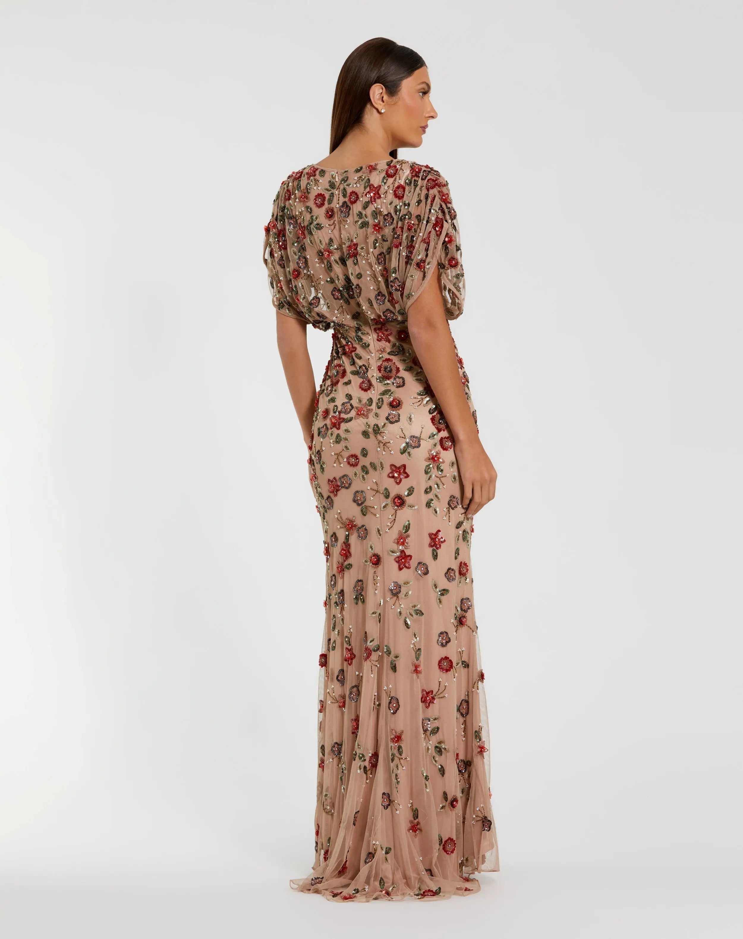 Beige Floral Embellished Short Sleeve Blouson Gown