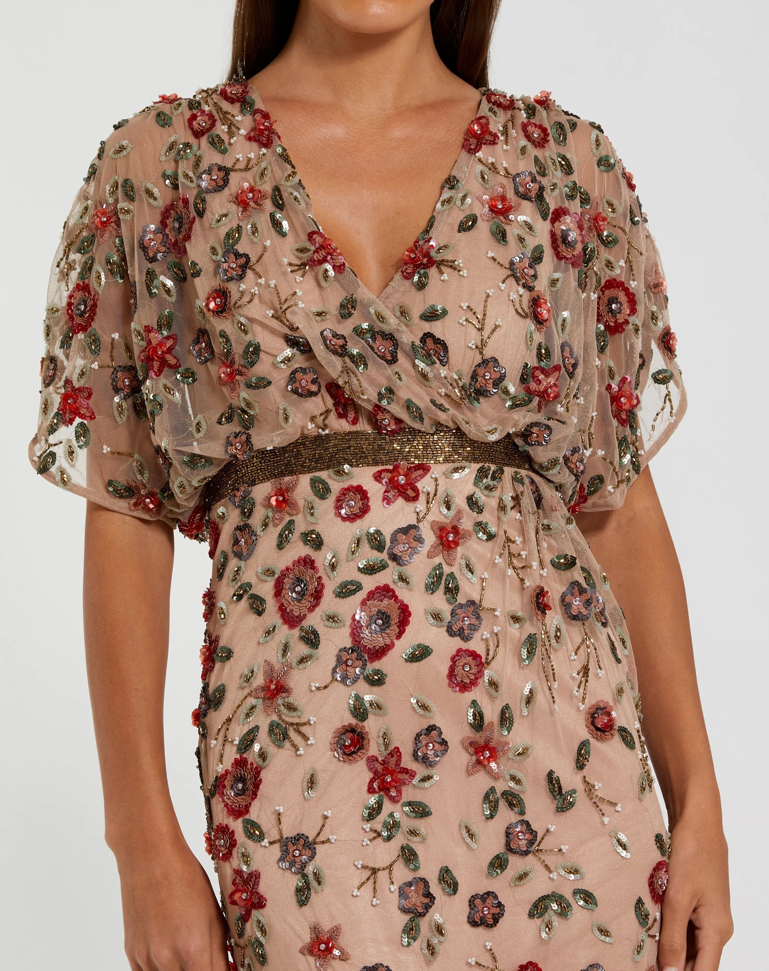 Beige Floral Embellished Short Sleeve Blouson Gown