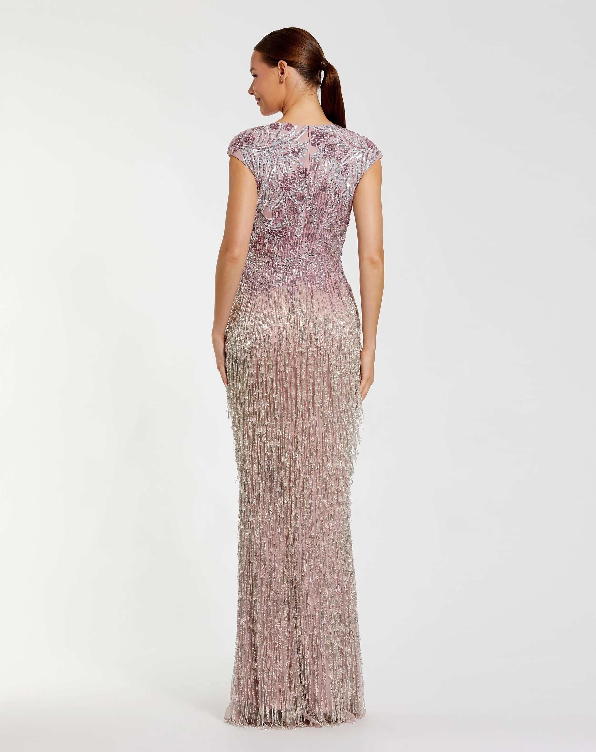 Purple Embellished Cap Sleeve Gown With Fringe Beading