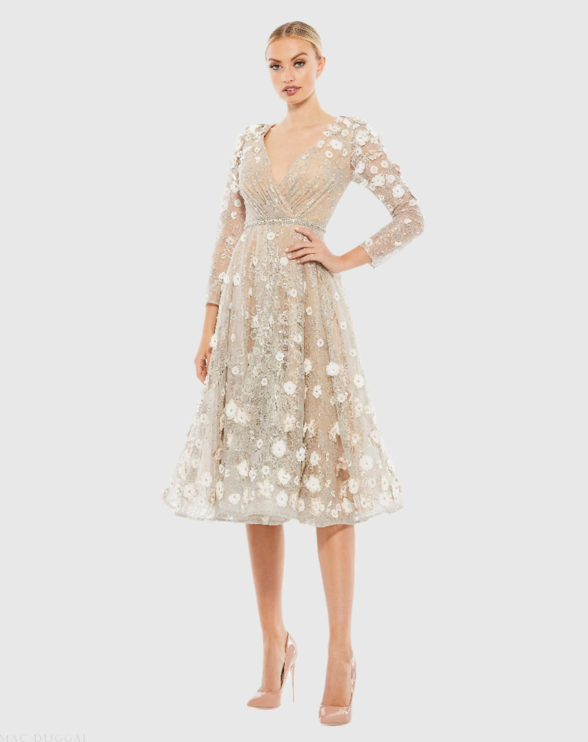 Beige Floral Embellished Lace A-Line Cocktail Dress