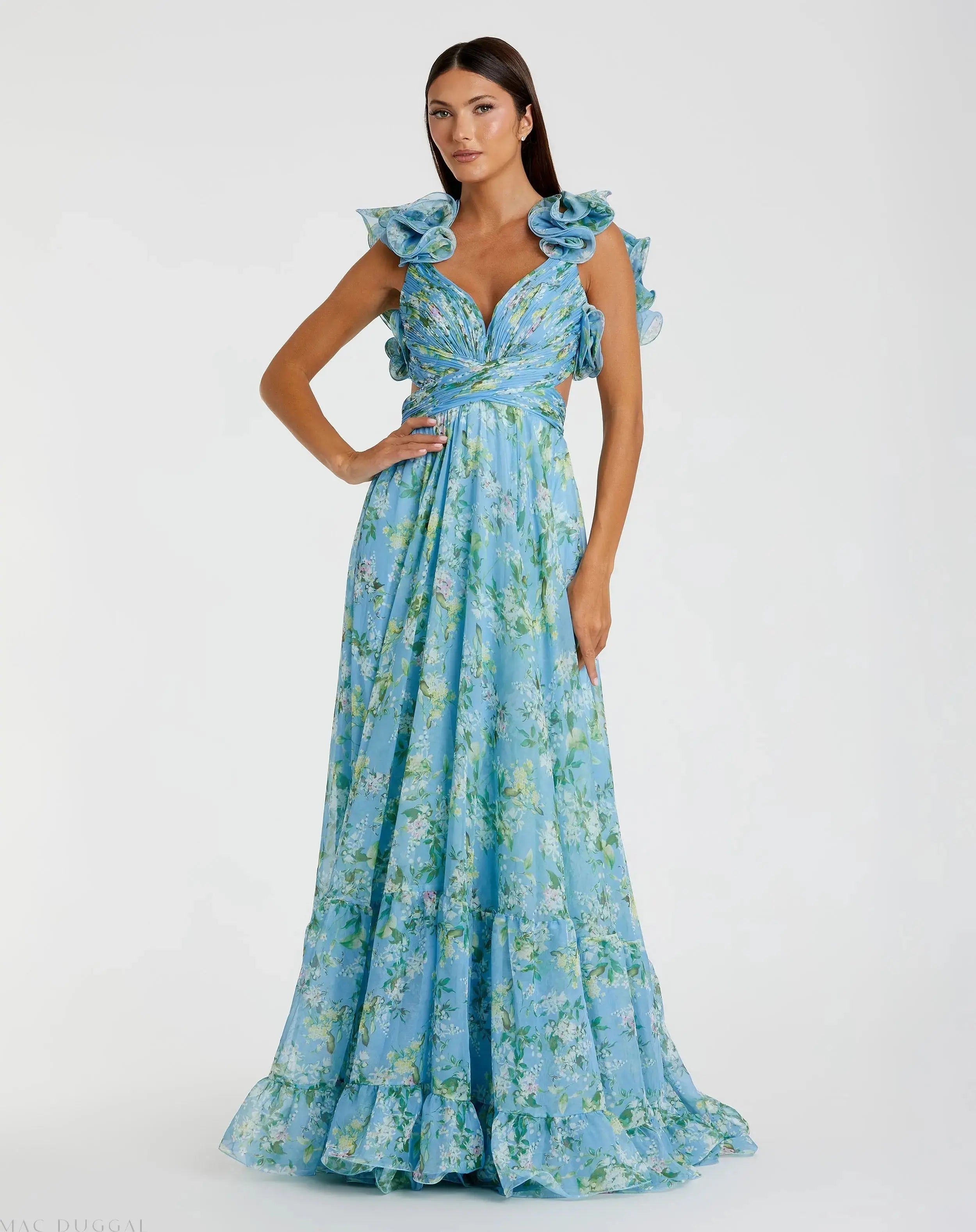 Ruffle Tiered Floral Cut-Out Chiffon Gown