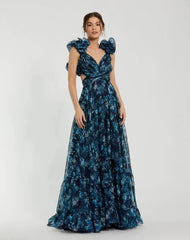 Ruffle Tiered Floral Cut-Out Chiffon Gown
