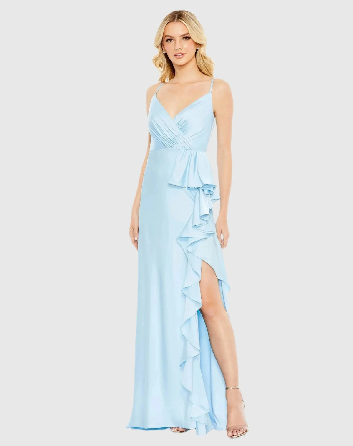 Blue V-Neck Spaghetti Strap Satin Gown