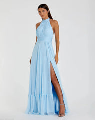 Blue High Neck Tiered Chiffon Halter Gown