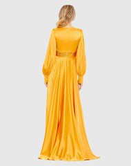 Yellow Split Bishop Sleeve Wrap Over Flowy Gown