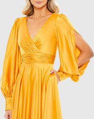 Yellow Split Bishop Sleeve Wrap Over Flowy Gown