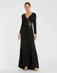Faux Wrap Long Sleeve Evening Gown w/ Appliqué Detail