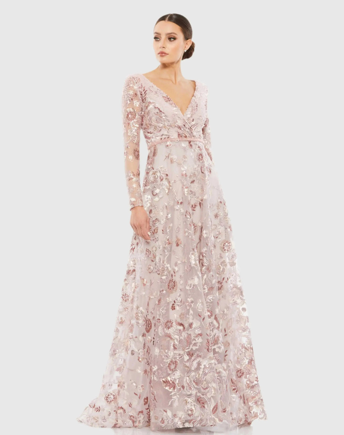 Embellished V Neck Illusion Long Sleeve A Line Gown