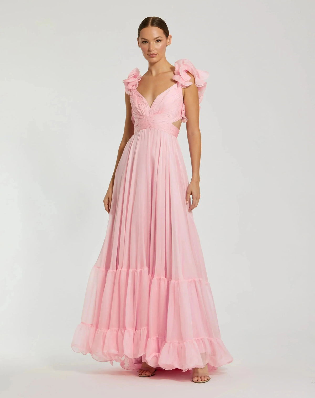 Pink Ruffle Tiered Cut-Out Chiffon Gown