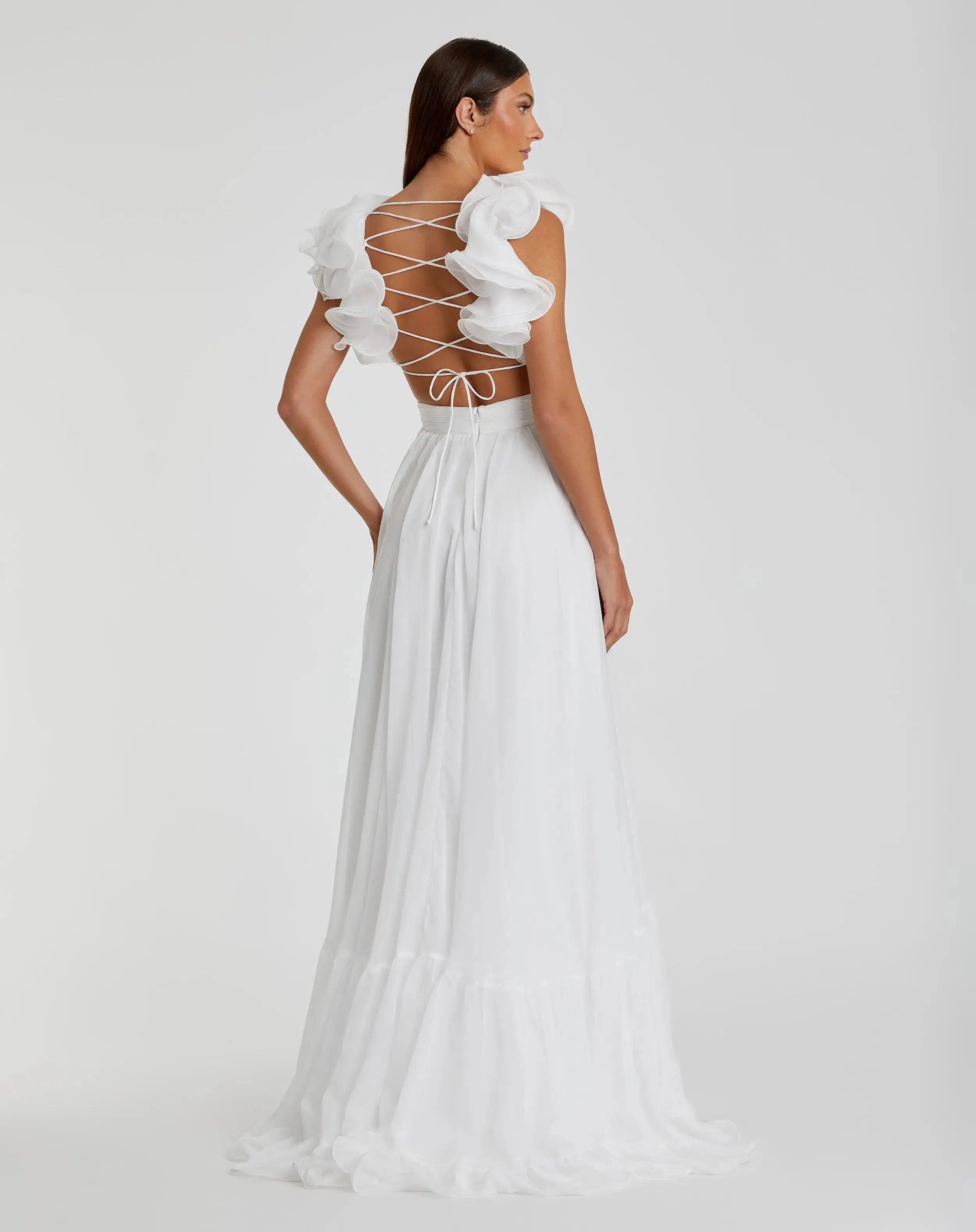 White Ruffle Tiered Cut-Out Chiffon Gown