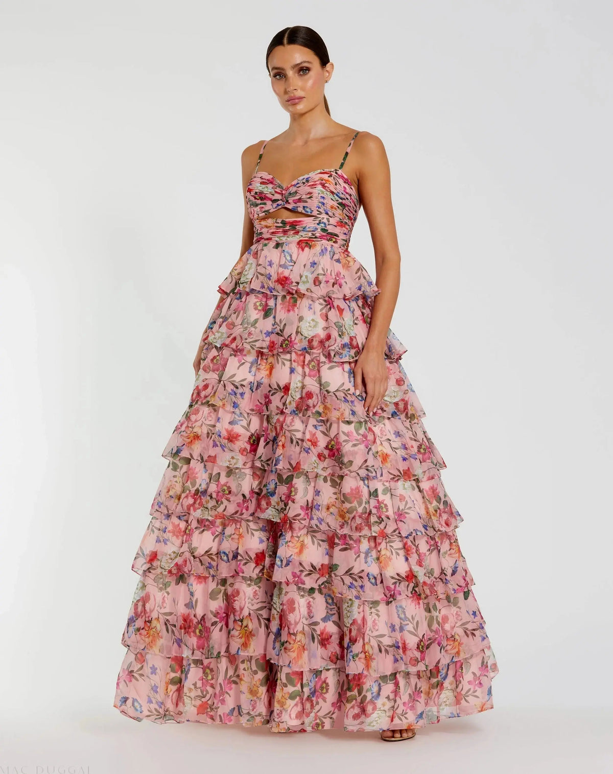 Pink Floral Cut Out Ruffle Tiered Gown
