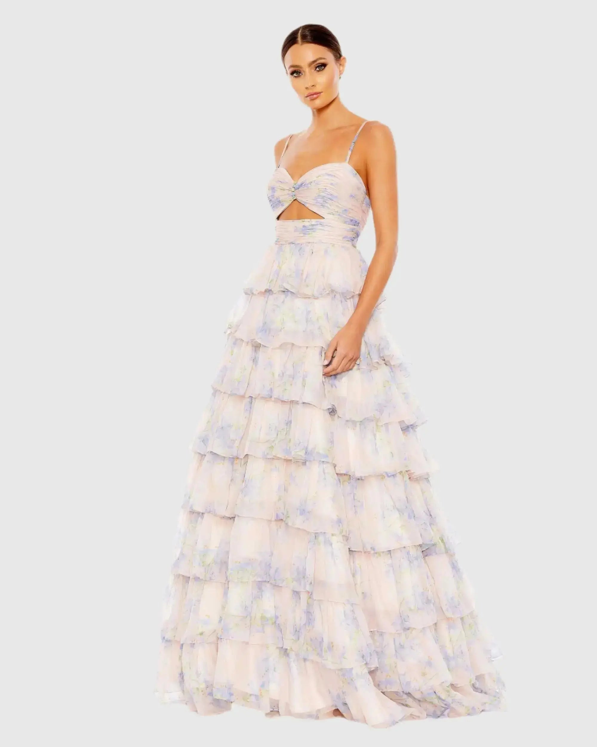 Floral Cut Out Ruffle Tiered Gown