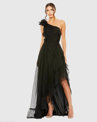 Ruffled One Shoulder Asymmetrical Gown
