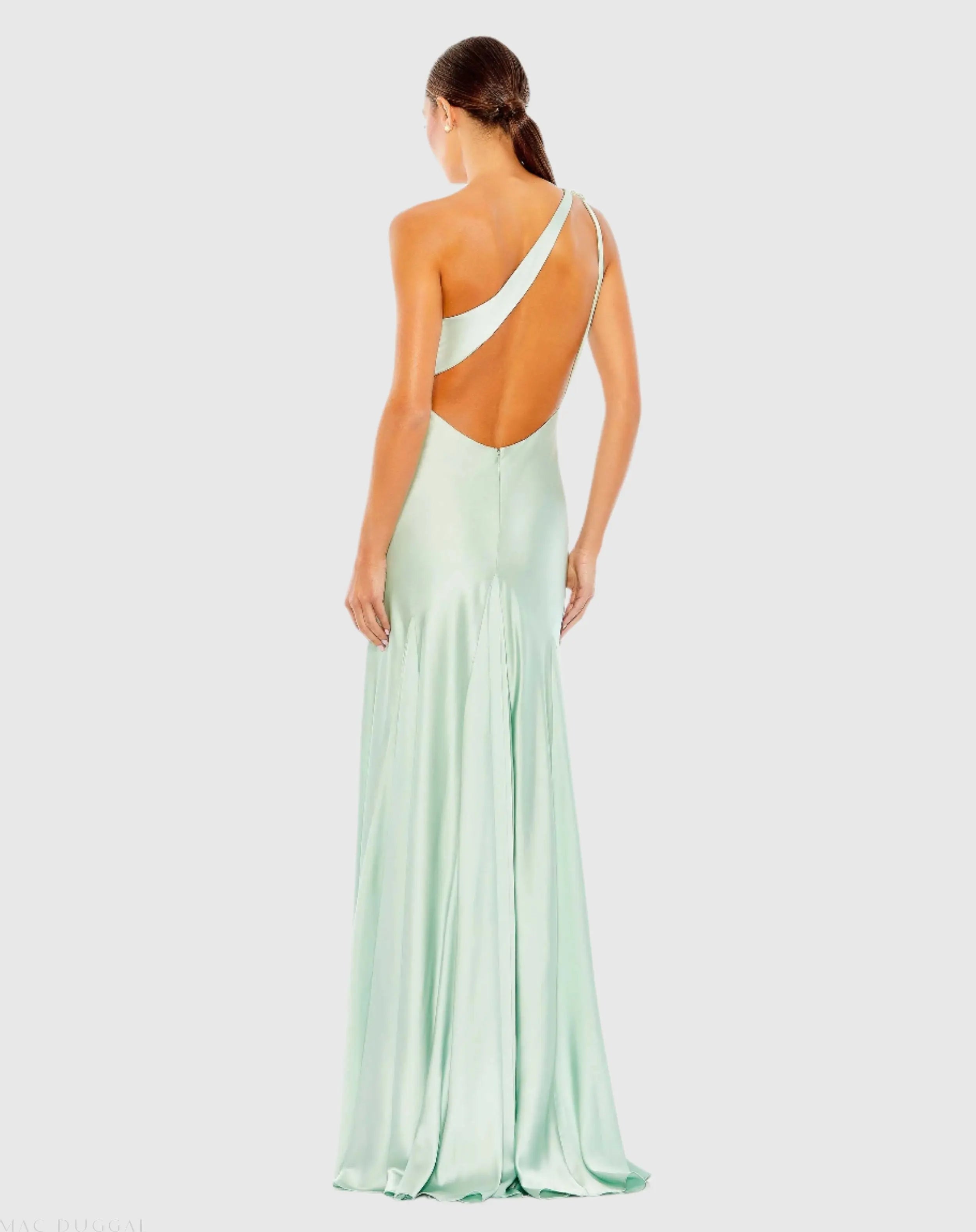 Green Beaded One Shoulder Column Gown
