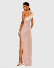 Pink Embellished One Shoulder Gown w/ Ostrich Feathers