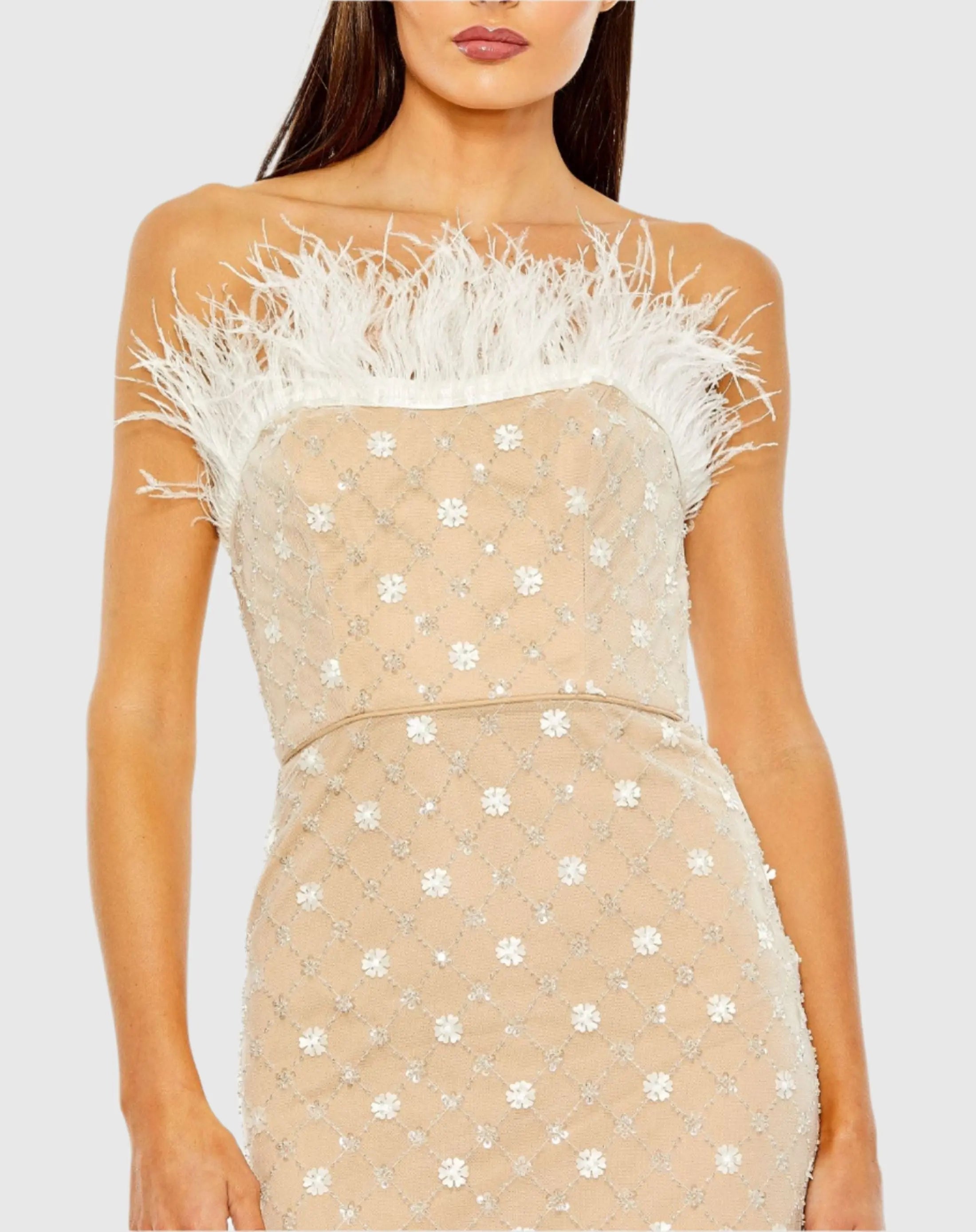 Beige Embellished Feather Strapless Column Dress