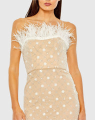 Beige Embellished Feather Strapless Column Dress
