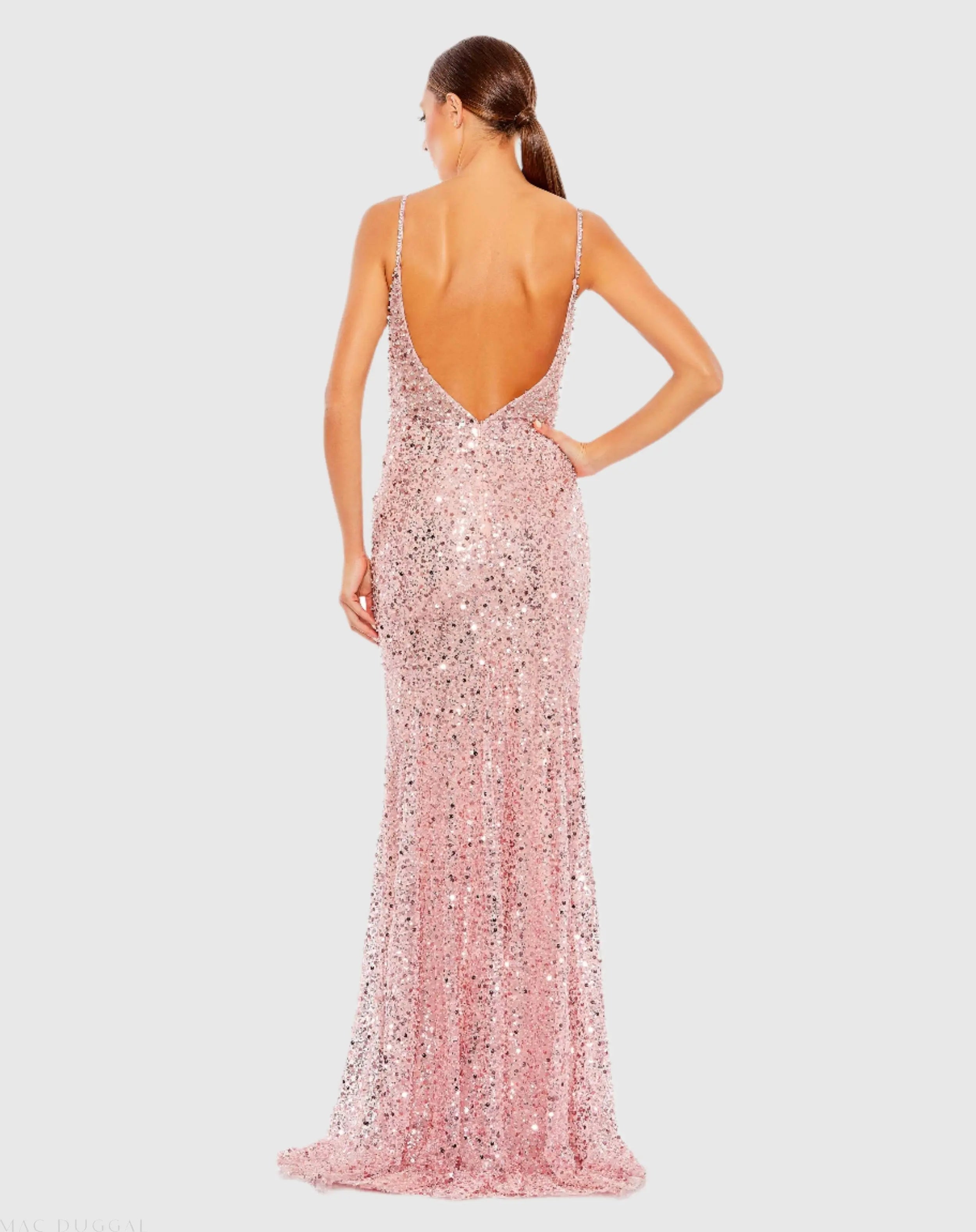 Pink Embellished Plunge Neck Sleeveless Trumpet Gown