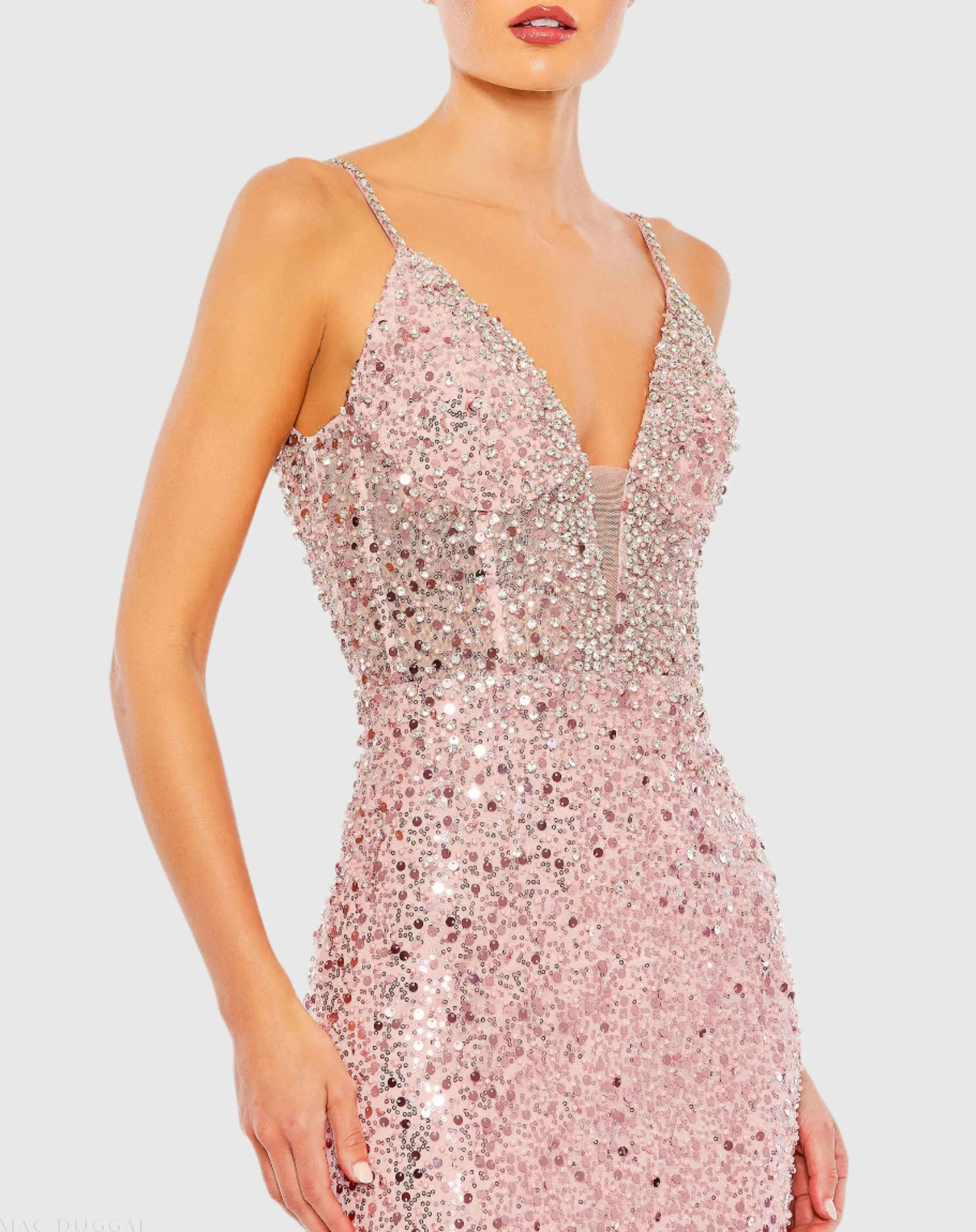 Pink Embellished Plunge Neck Sleeveless Trumpet Gown
