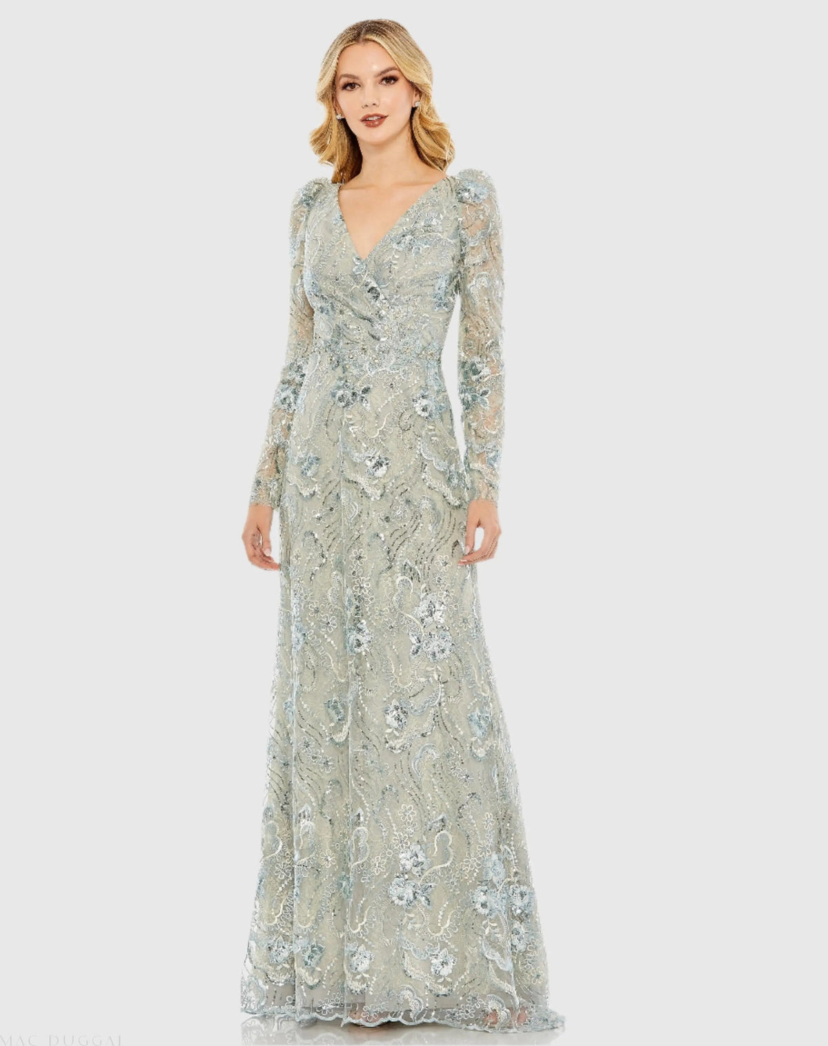 Green Embroidered Wrap Over Puff Sleeve Trumpet Gown