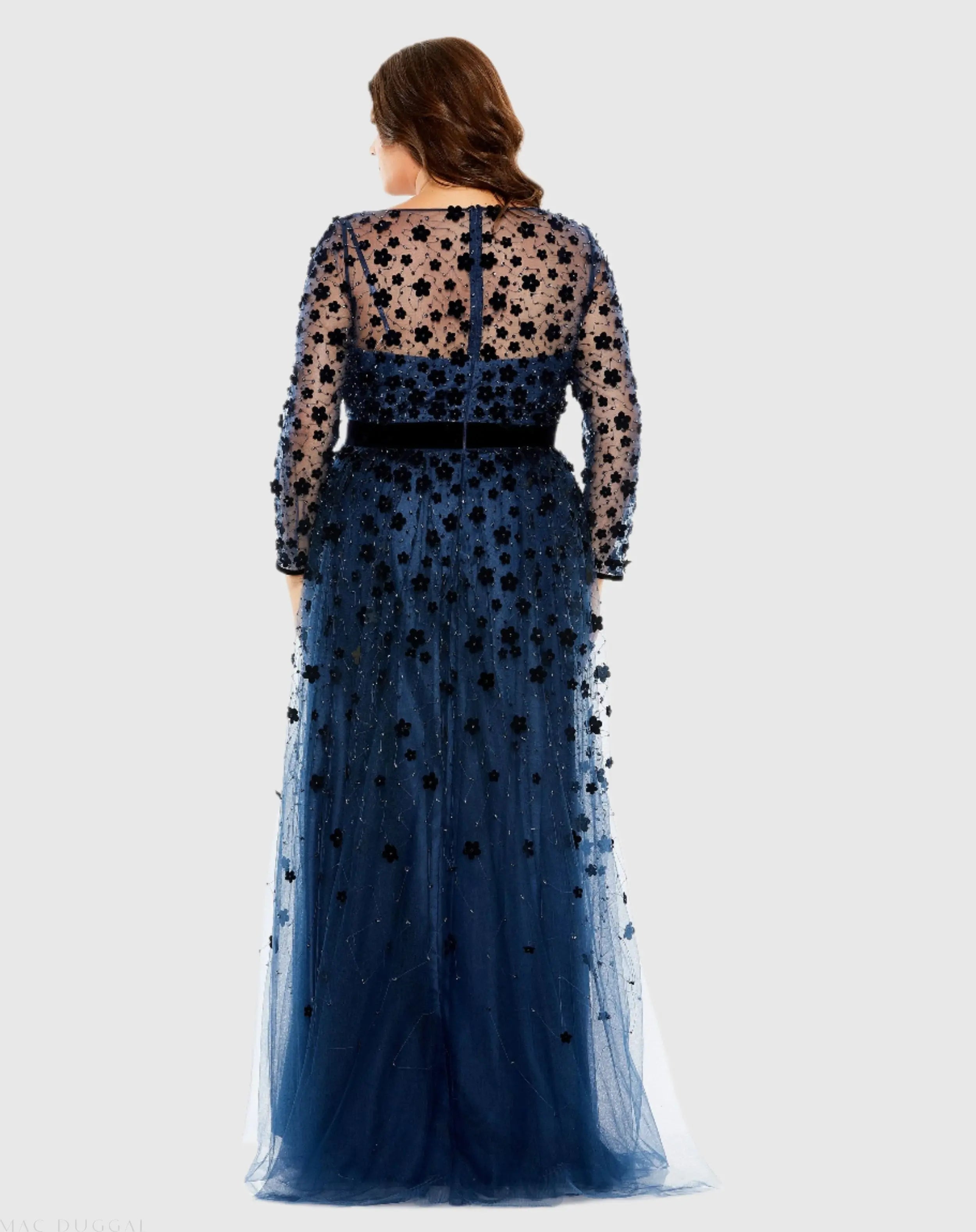 Navy Velvet Floral Applique Long Sleeve A Line Gown (Plus)